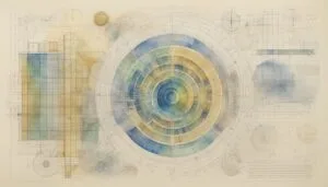 Complex architectural blueprint with concentric circles and color gradients.