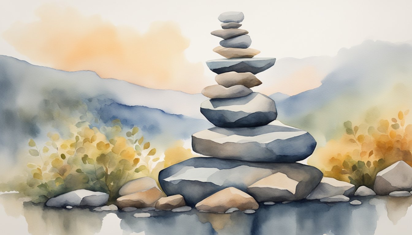 Watercolor painting of balanced stones by serene water