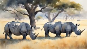 Watercolor painting of rhinos in savannah landscape.