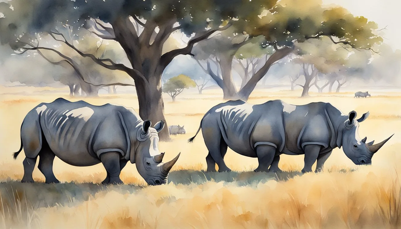Watercolor painting of rhinos in savannah landscape.