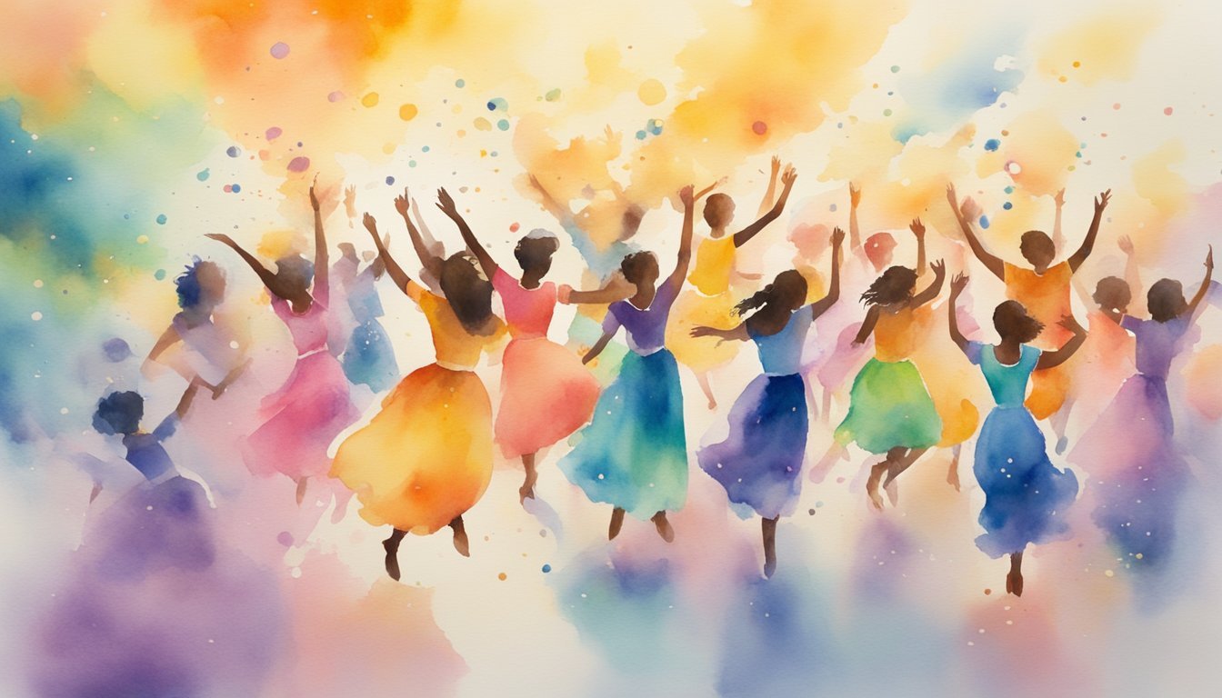 Vibrant watercolor painting of joyful dancing figures.