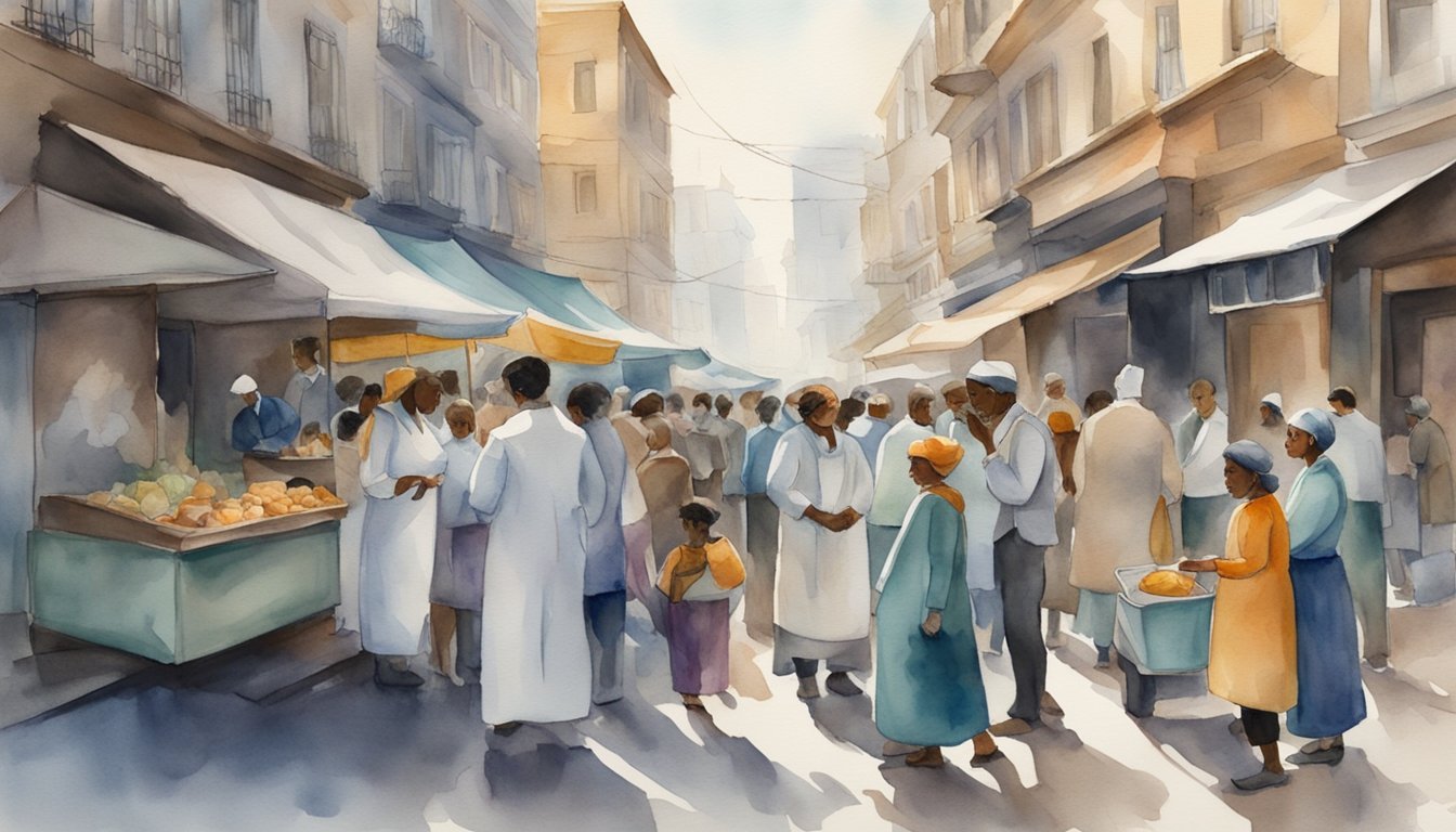 Watercolor painting of bustling market street scene.