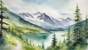 Watercolor painting of serene mountain lake landscape.