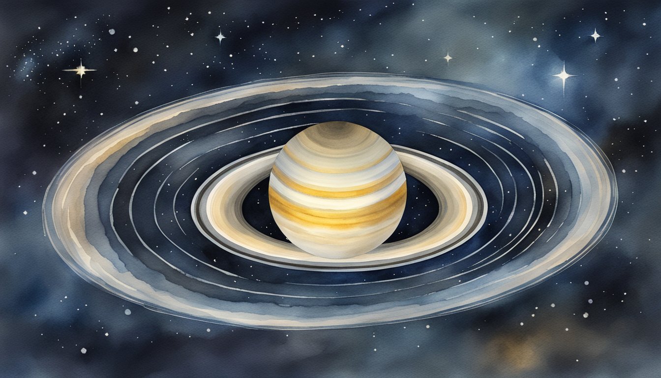 Watercolor painting of Saturn and its rings against starry sky.