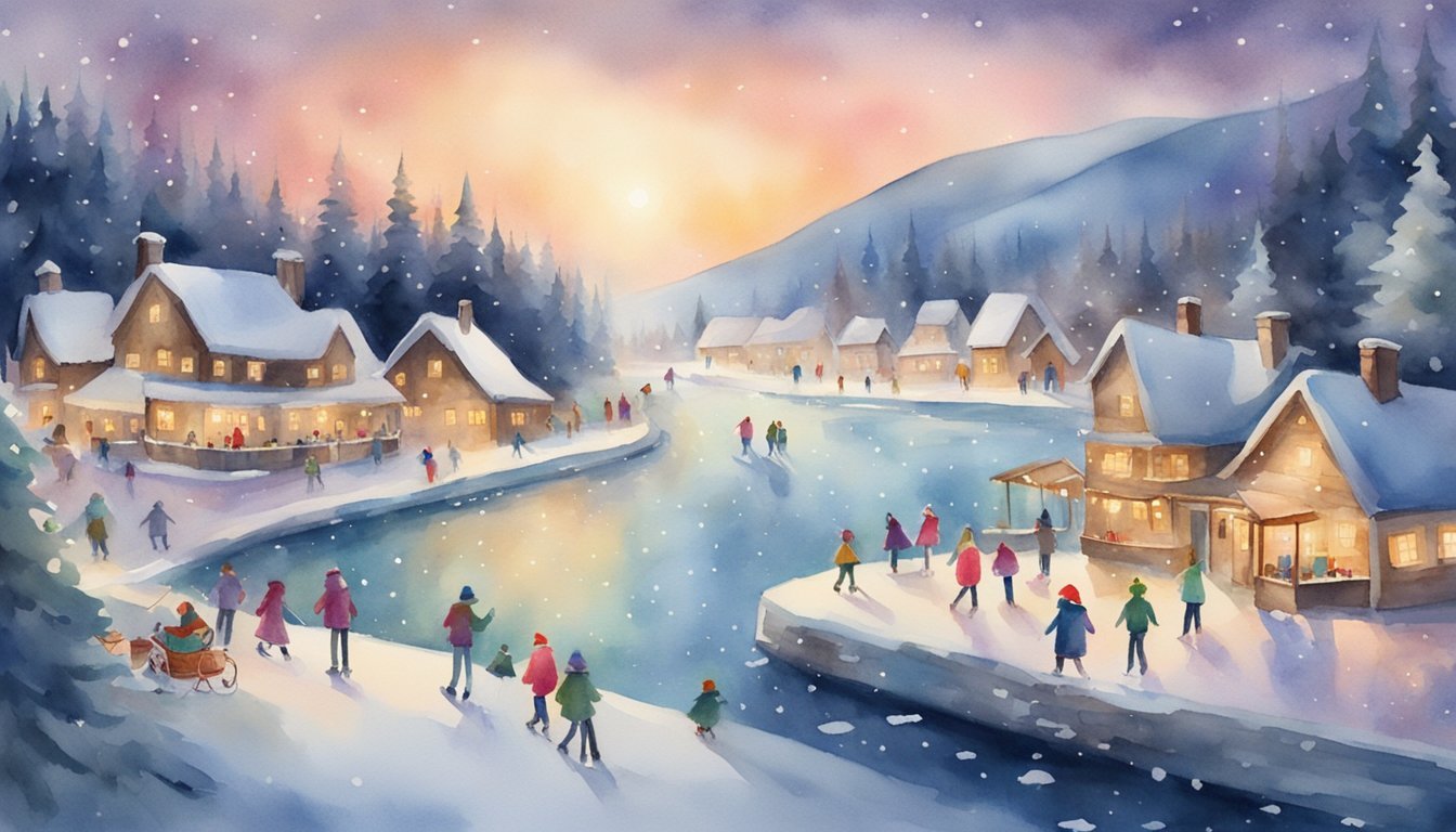 Winter village scene with people ice skating at dusk.