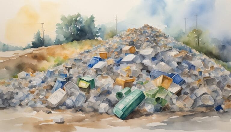 Watercolor painting of a large landfill with discarded items.