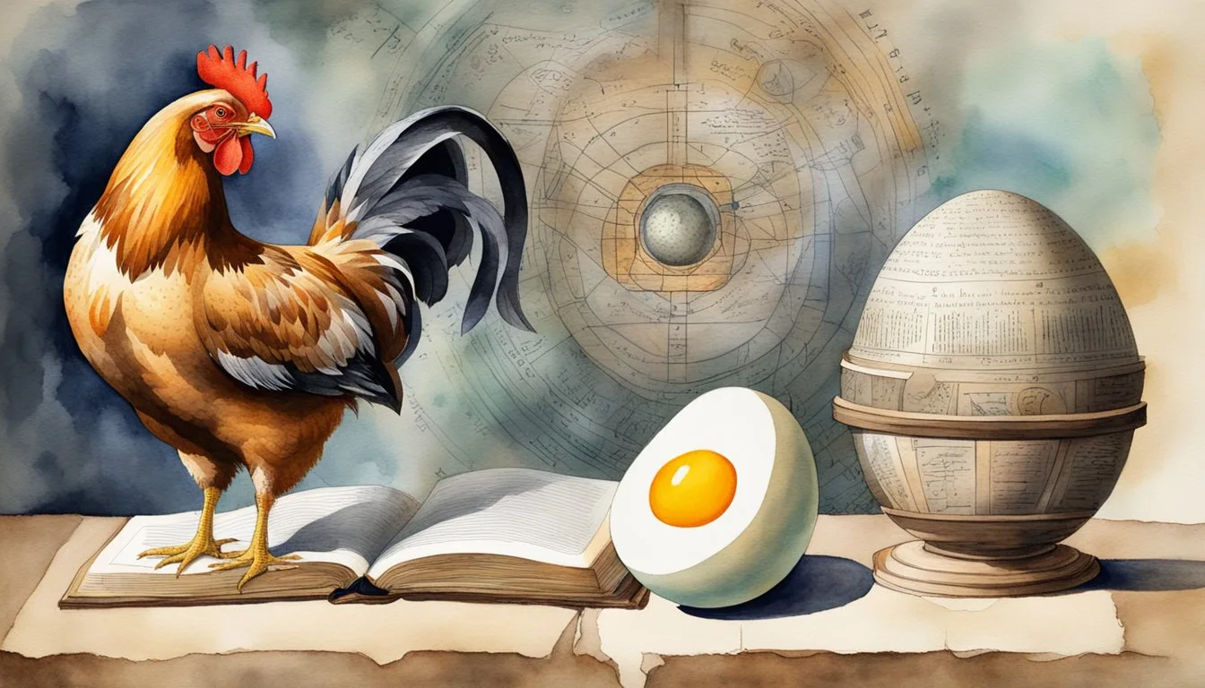 Rooster on book, egg, celestial globes, watercolor illustration.