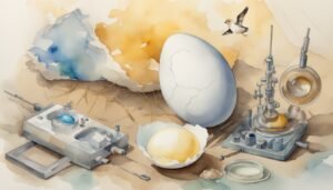 Watercolor illustration of cracked egg and scientific apparatus.