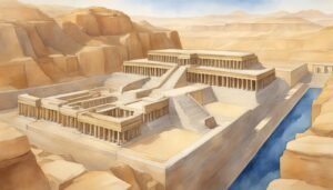 Illustration of ancient Egyptian temple complex by river.