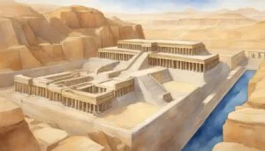 Illustration of ancient Egyptian temple complex by river.