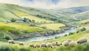 Pastoral landscape with sheep, river, and rolling hills.