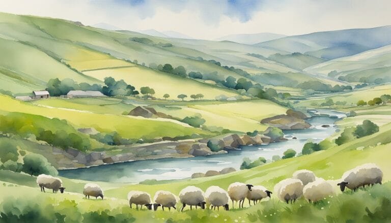 Pastoral landscape with sheep, river, and rolling hills.