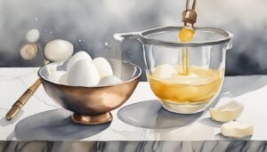 Watercolor painting of eggs and honey in kitchen.