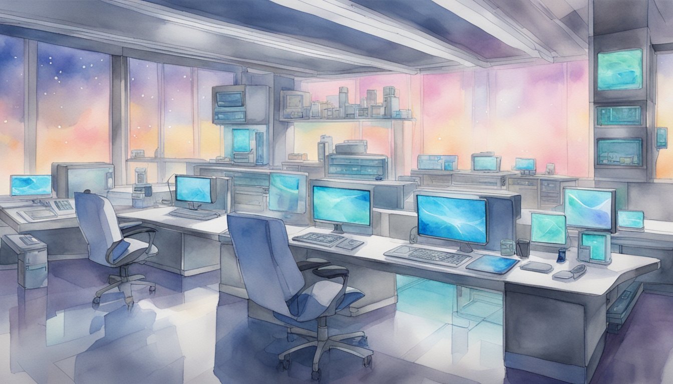 High-tech office with multiple computer screens and sunset view.