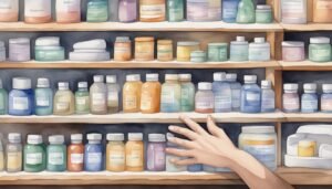 Hand reaching for colorful jars on shelves