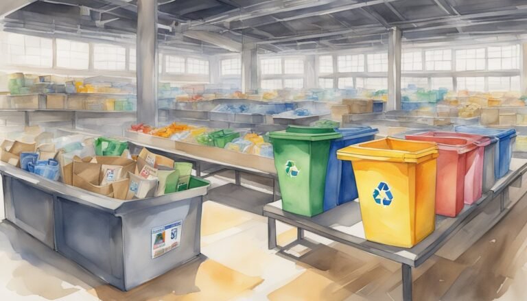 Watercolor illustration of recycling facility with colorful bins.