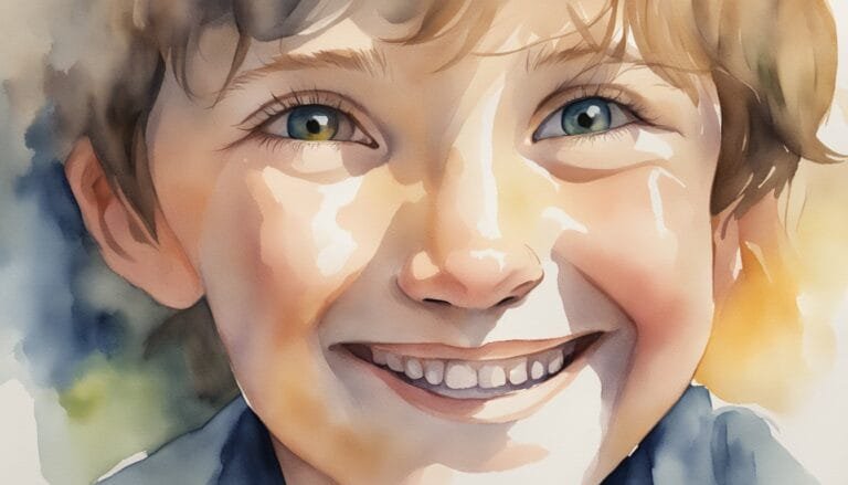 Watercolor portrait of smiling young boy with blue eyes.