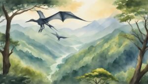 Pterosaurs flying over misty, forested mountainscape in watercolor