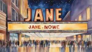 Crowd outside 'Jane' theater marquee at night.