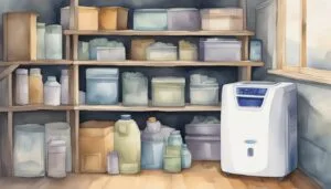 Watercolor of pantry shelves with food containers and dehumidifier.