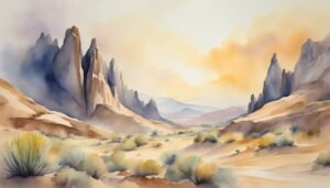 Watercolor desert landscape with rocky formations and sunset.