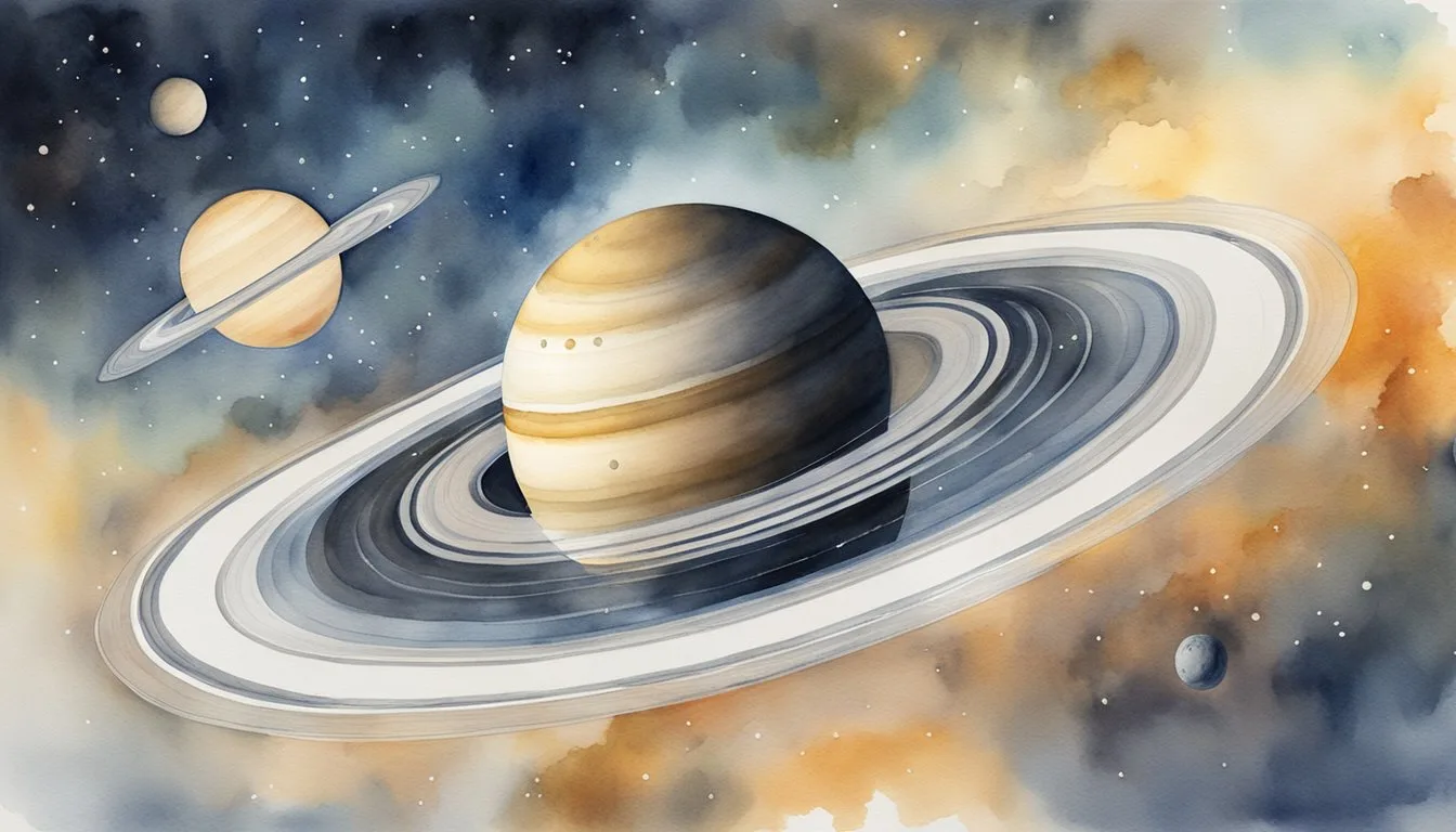 Watercolor painting of planets with rings in space.