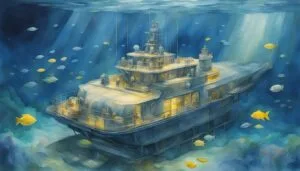 Submarine amidst fishes under ocean light rays.
