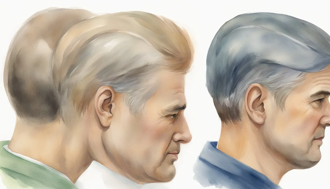 Watercolor portrait of two elderly men side profiles.