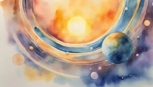 Watercolor painting of abstract celestial scene with planets.
