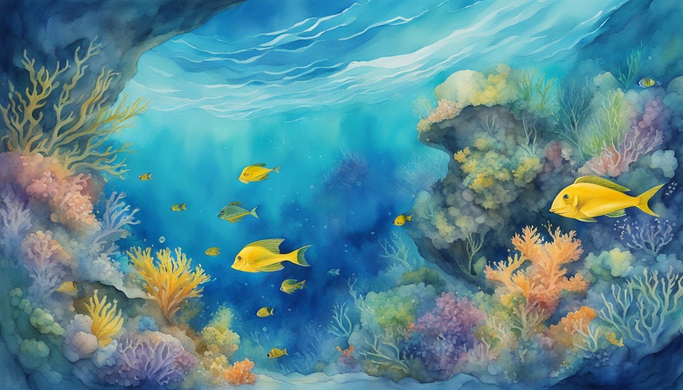 Vibrant underwater scene with colorful fish and coral reefs.