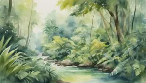 Watercolor painting of a serene tropical jungle with river.