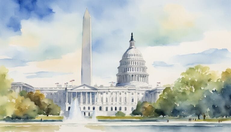 Watercolor of U.S. Capitol and Washington Monument.