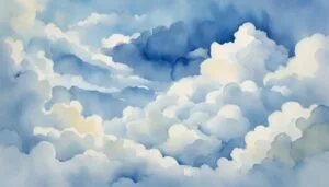 Watercolor painting of soft, layered blue clouds.