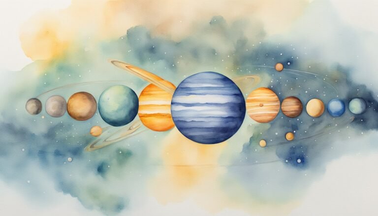 Watercolor solar system planets on dreamy background.