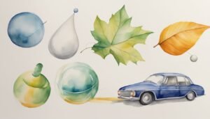 Watercolor artwork of floating objects and vintage car.