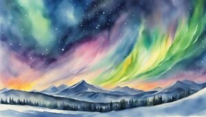 Colorful aurora borealis over snowy mountain landscape.