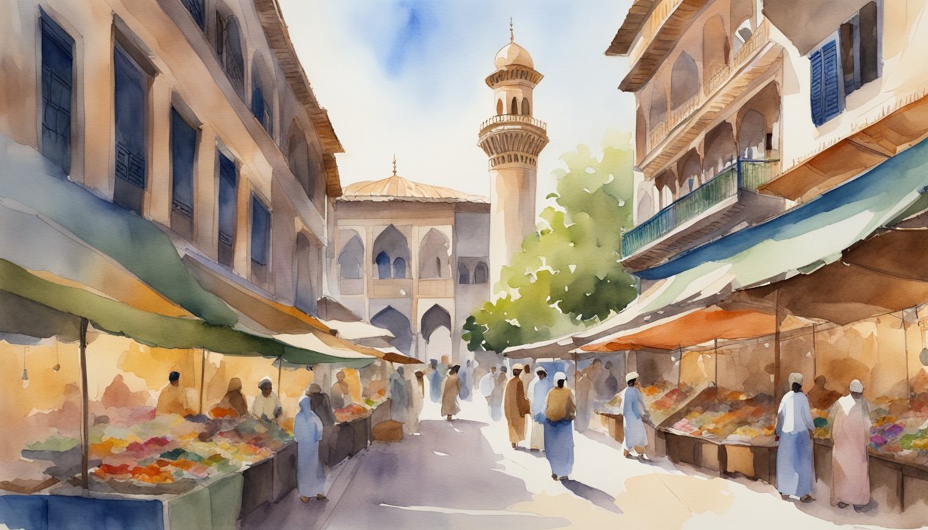 Watercolor painting of a bustling street market near mosque.