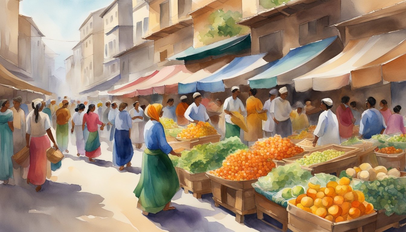 Colorful outdoor market scene with diverse shoppers and vendors.