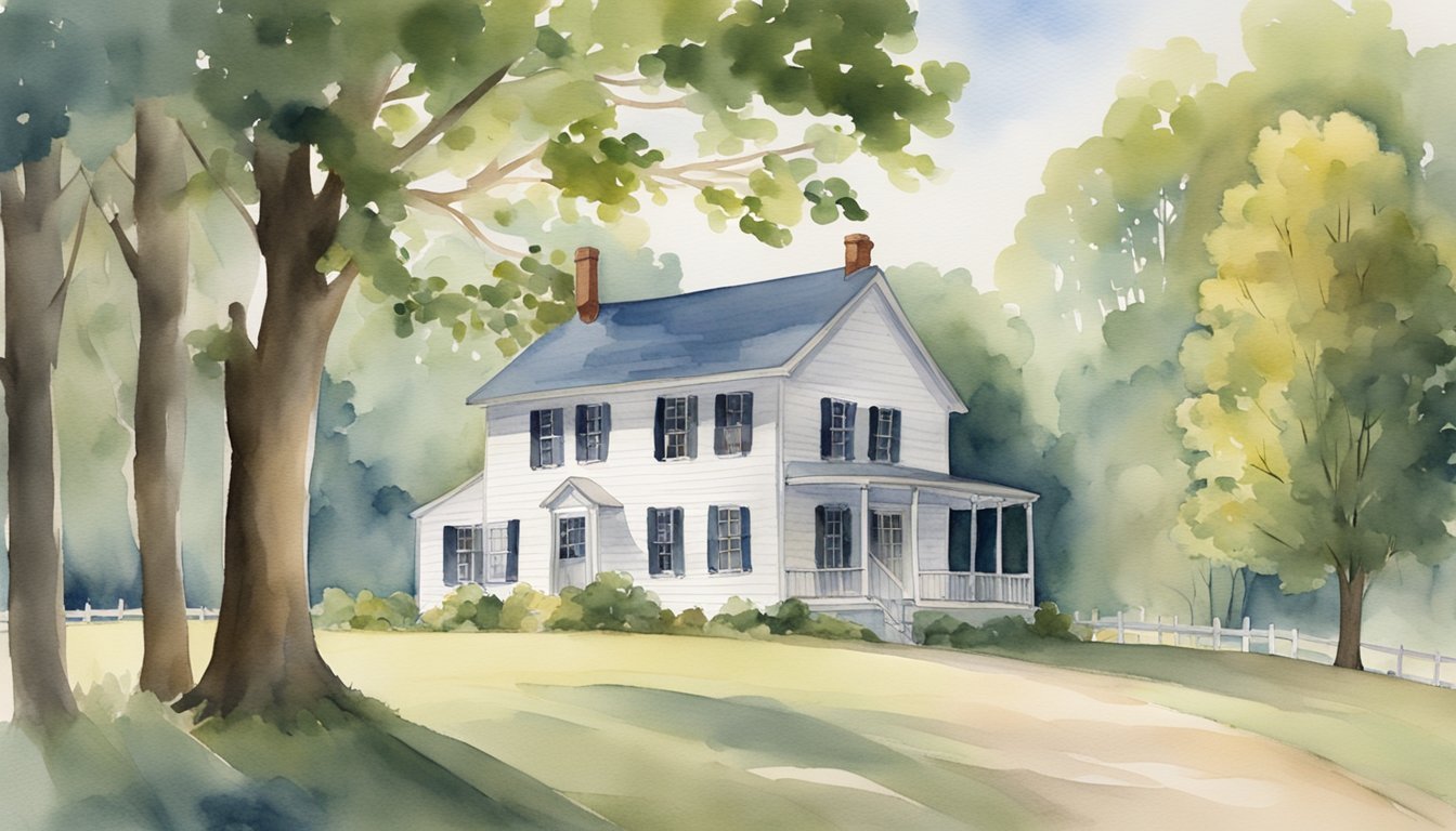 Watercolor painting of a serene, tree-shrouded house.