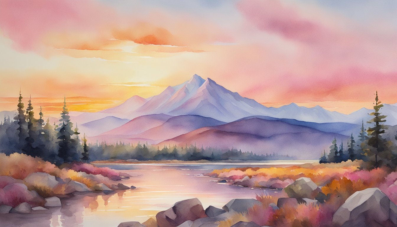 Watercolor sunset over mountainous landscape with river.