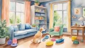 Watercolor of dog in sunny, plant-filled living room.