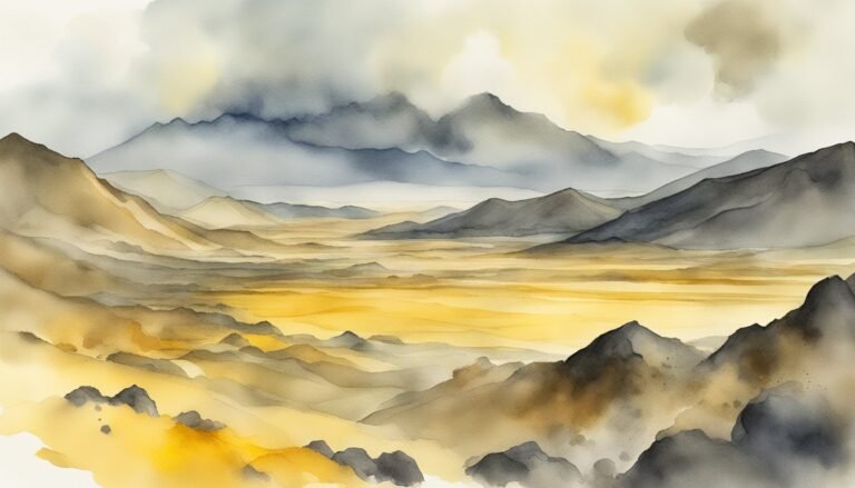 Watercolor landscape of layered mountains and misty valleys.