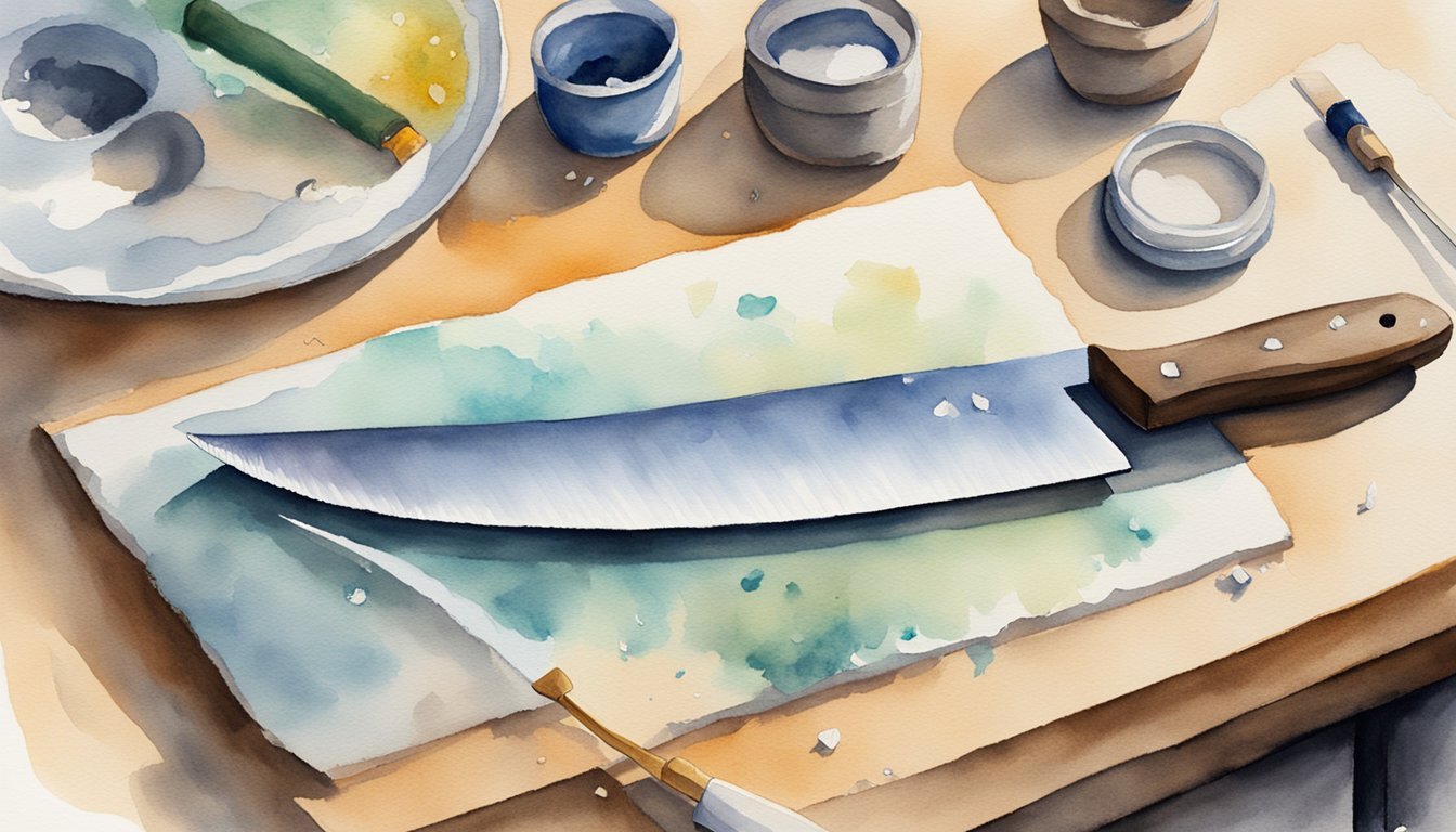 Watercolor painting of chef's knife and ceramic dishes.