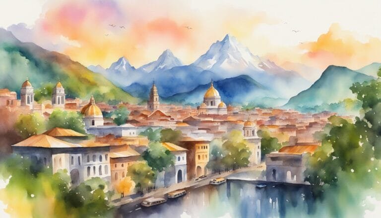 Watercolor painting of a mountainous, historic city at sunset.
