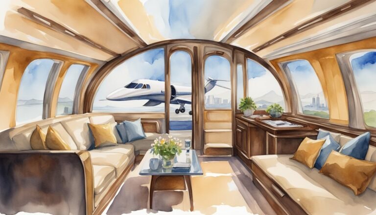 Luxurious private jet interior with cityscape view.