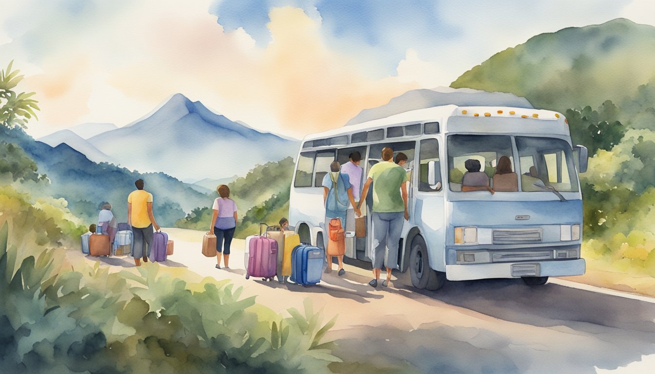 Passengers boarding bus in scenic mountain landscape.