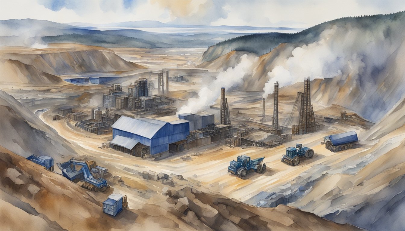 Industrial mining site with trucks and smokestacks in landscape.