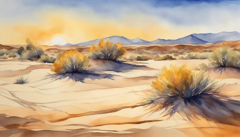 Watercolor desert landscape with sunset and bushes