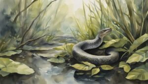 Watercolor of snake in misty, sunlit forest.