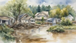 Watercolor of flooded suburban neighborhood with damaged houses.